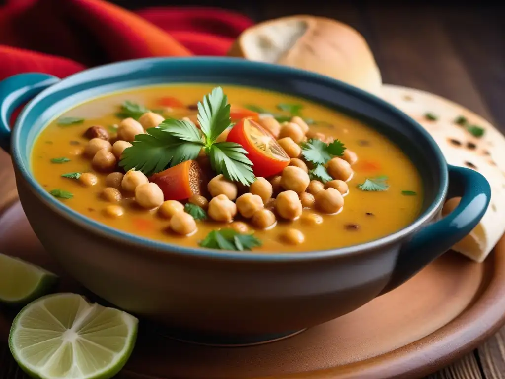 Una sopa vegana harira sin carne, llena de coloridos ingredientes y aromáticas especias, en una mesa rústica