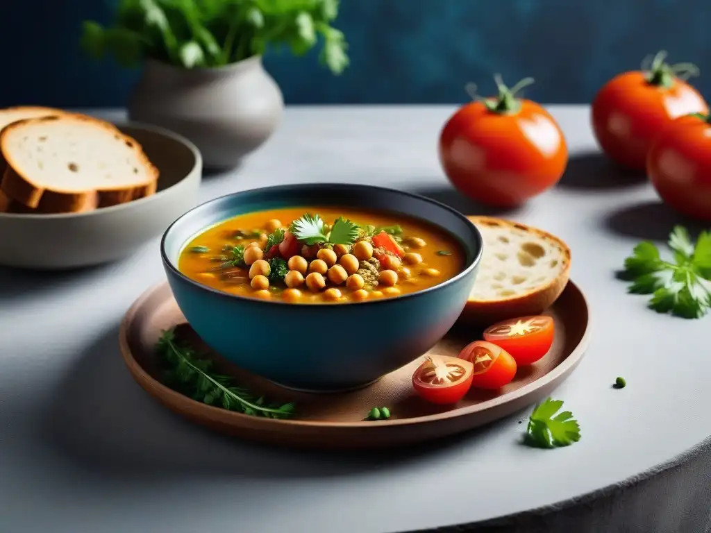 Una sopa vegana Harira sin carne, llena de coloridos ingredientes, servida en un elegante tazón sobre una mesa contemporánea