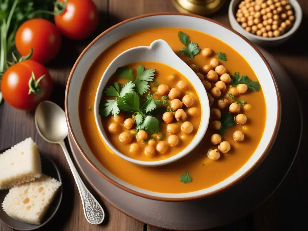 Sopa vegana Harira sin carne: una escena apetitosa con tomates rojos, garbanzos dorados, cilantro verde y especias aromáticas, adornada con leche de coco y perejil fresco sobre una mesa de madera rústica iluminada por suave luz solar