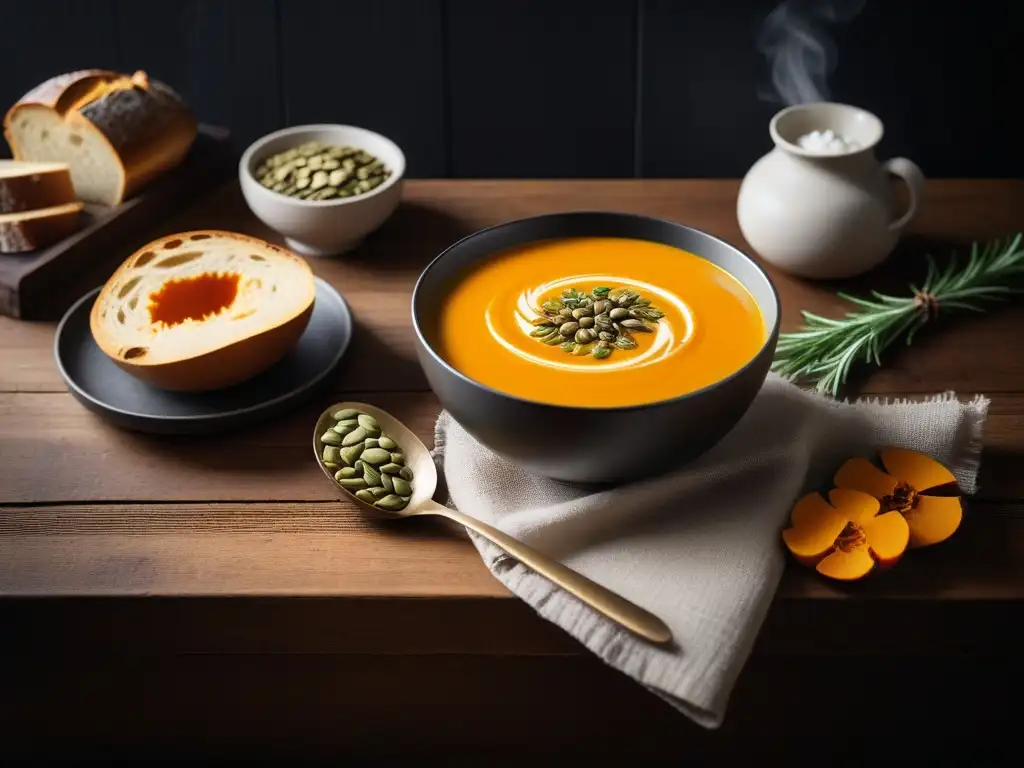 Sopa vegana reconfortante de calabaza con crema de coco, semillas de calabaza y ramita de romero en mesa de madera rústica con pan artesanal