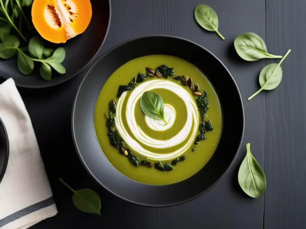 Sopa vegana reconfortante: caldo verde con crema de coco, semillas de calabaza tostadas y albahaca fresca en bol negro sobre mesa de madera rústica