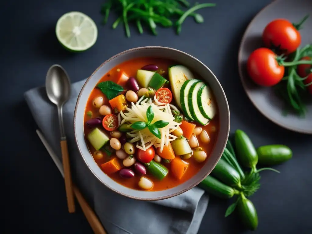 Una sopa vegana reconfortante, llena de color y sabor, con zanahorias, tomates, calabacines y frijoles, resaltando en un cuenco moderno