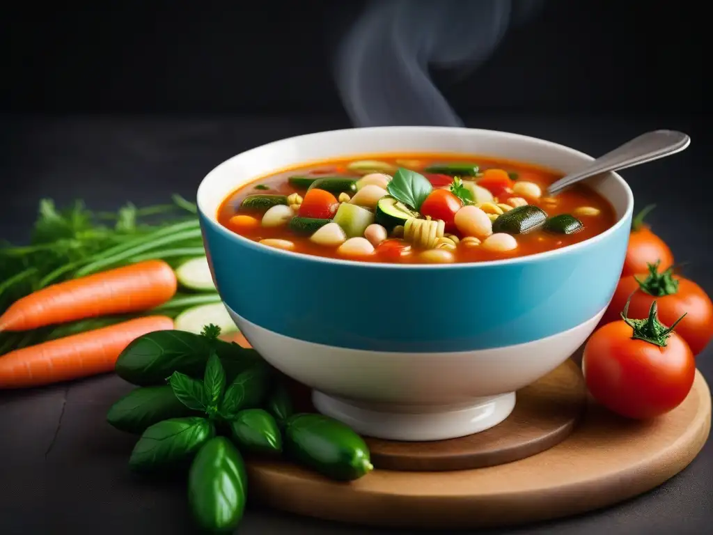 Sopas veganas reconfortantes recetas: Bowl de minestrone con verduras frescas en caldo sabroso y aromático