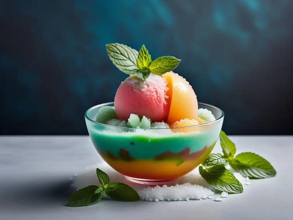 Sorbet vegano refrescante en cuenco elegante con hojas de menta y coco, una obra de arte culinaria