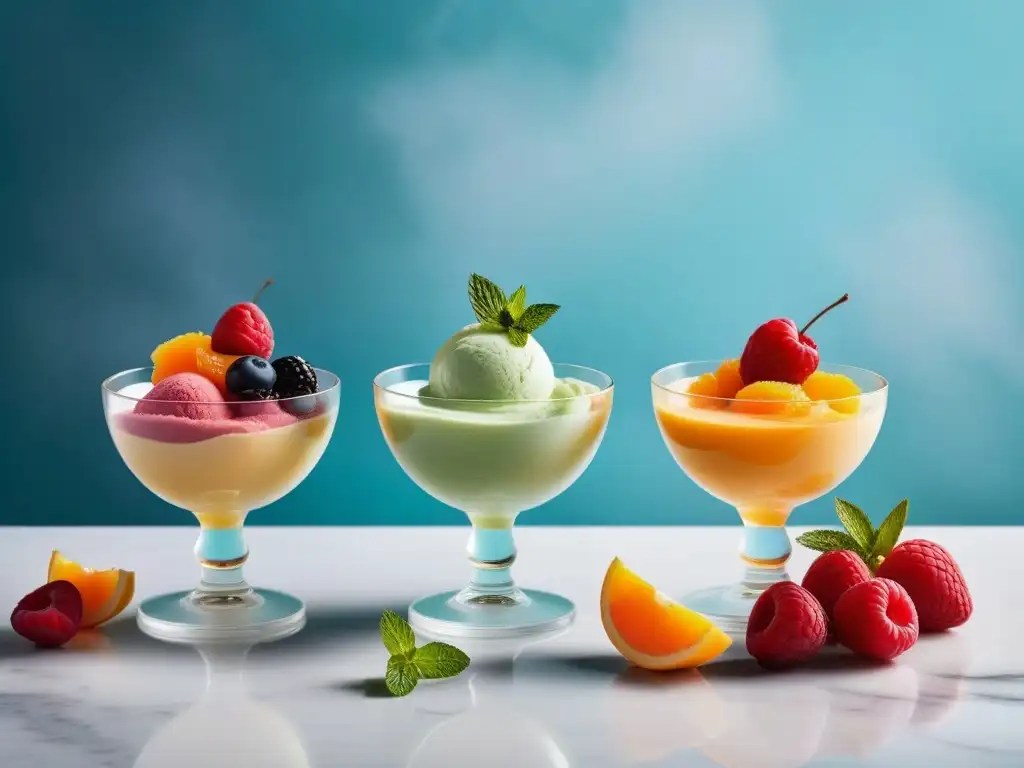 Sorbetes veganos cremosos deliciosos en elegantes cuencos de vidrio, decorados con frutas frescas y hojas de menta, sobre una encimera de mármol