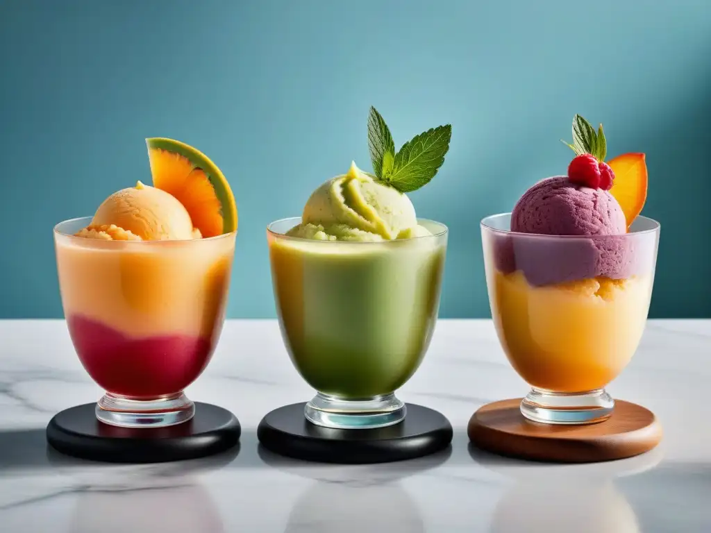 Sorbetes veganos cremosos deliciosos en elegantes recipientes de cristal, decorados con frutas frescas y hierbas, iluminados por luz natural suave