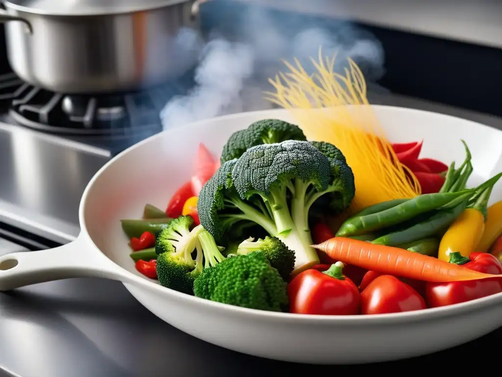 Un steamer de bambú rebosante de verduras vibrantes y coloridas, reflejo de la belleza de la cocina al vapor recetas veganas