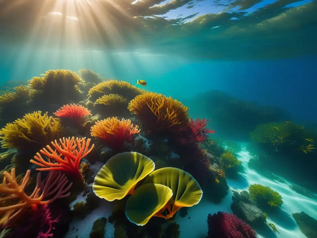 Un jardín submarino de algas marinas vibrantes y coloridas refleja los beneficios de las algas marinas en un ecosistema marino diverso y nutriente