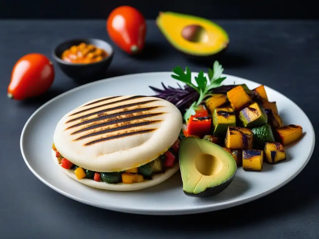 Una suculenta arepa vegana rellena de vegetales, aguacate y salsa vegana, sobre plato blanco