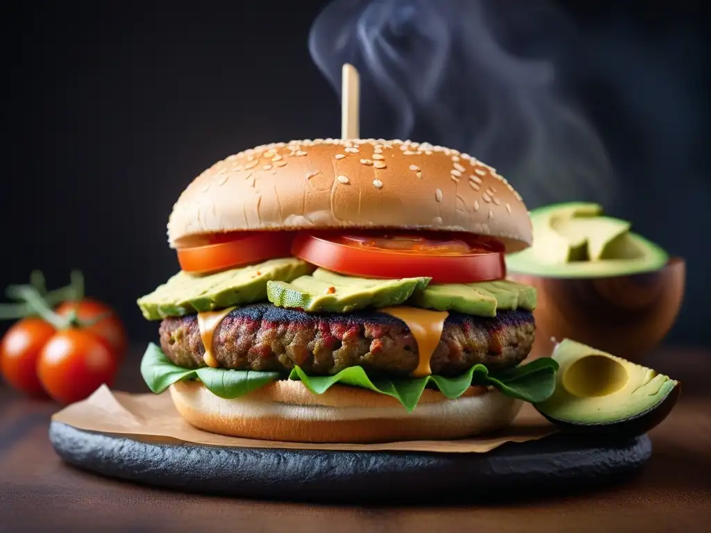 Una suculenta hamburguesa vegana estilo americano con aguacate, tomate, lechuga y alioli vegano en un pan integral tostado