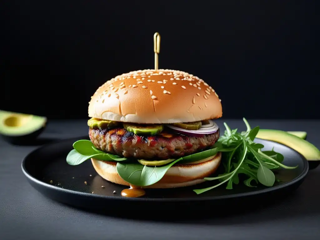 Una suculenta hamburguesa vegana gourmet con patty a la parrilla, cebolla caramelizada, aguacate, rúcula y alioli de trufa en un plato negro