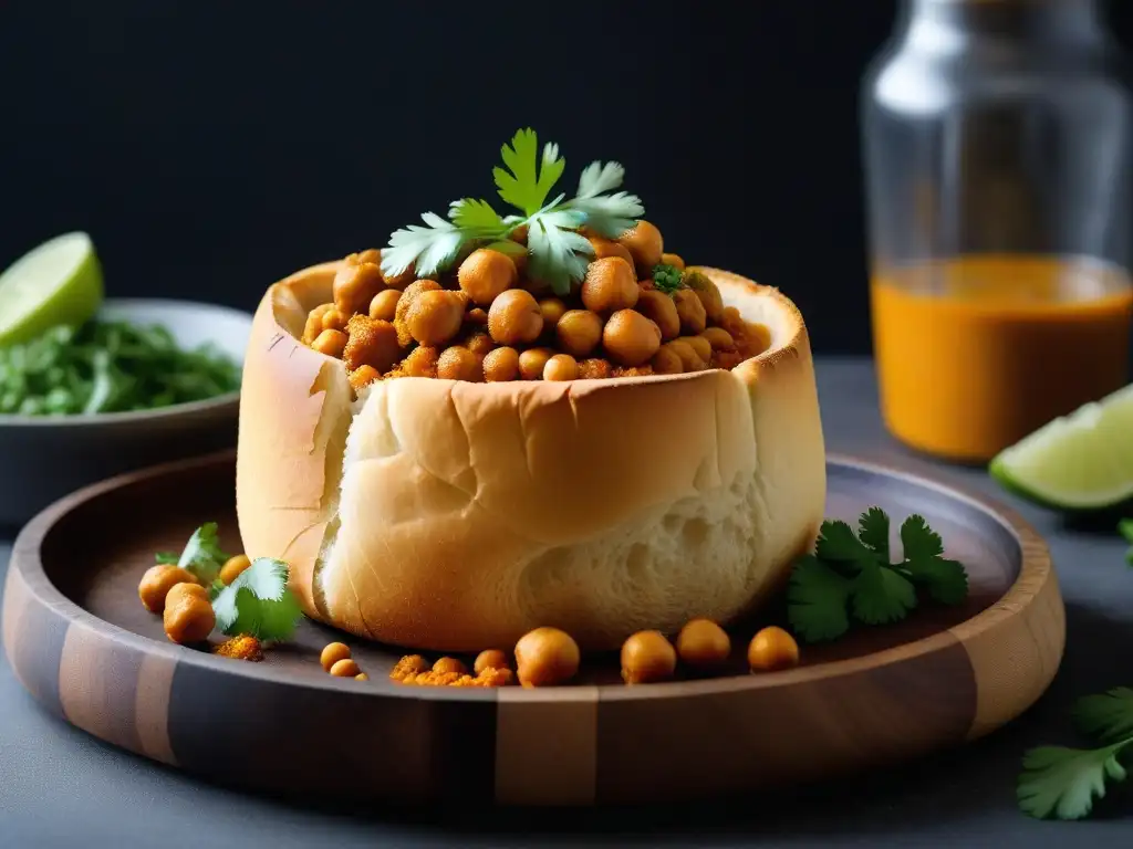 Un suculento bunny chow vegano, plato tradicional de Sudáfrica con curry de lentejas, garbanzos y vegetales