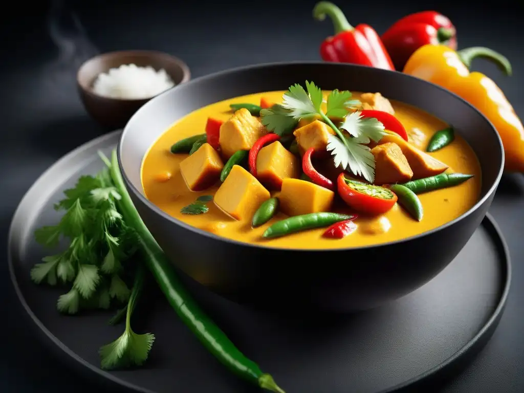 Un suculento curry amarillo vegano del sudeste asiático rebosante de coloridas verduras y aromáticas hierbas frescas