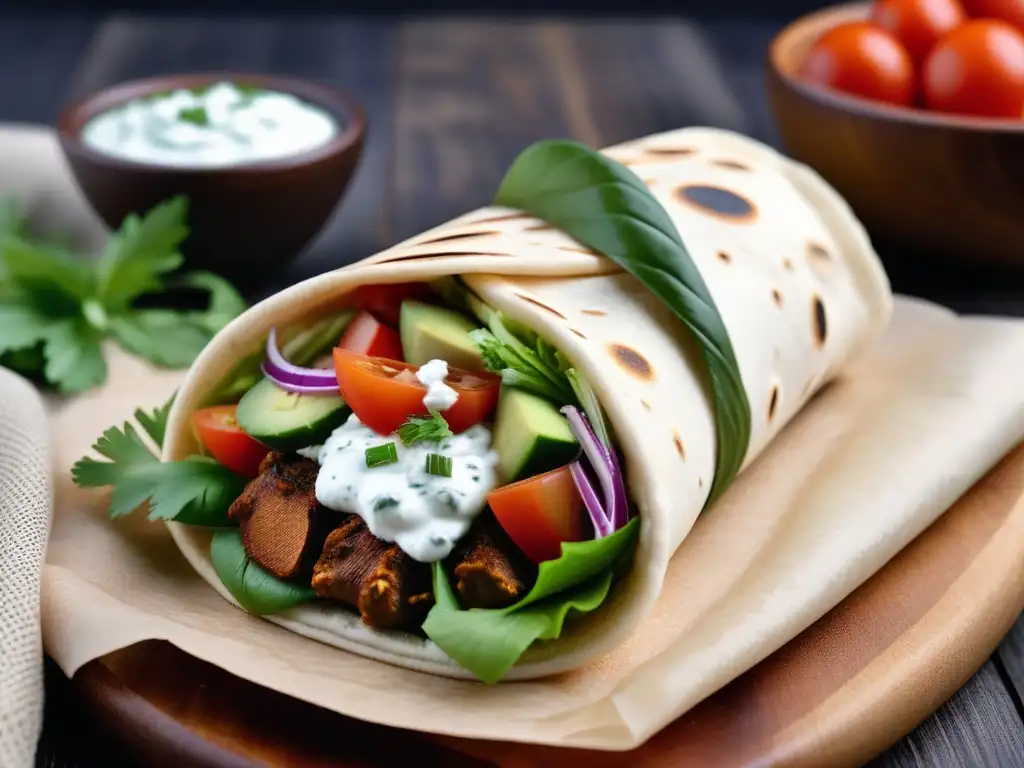 Un suculento gyros vegano receta fácil, con carne vegetal, vegetales frescos y salsa tzatziki, envuelto en pita dorado