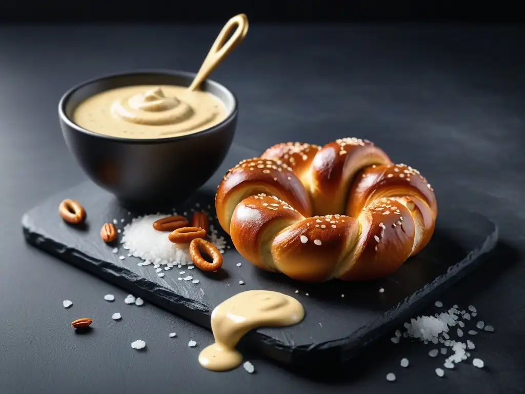 Un suculento pretzel vegano sin gluten dorado, con textura detallada, en tabla de servir, con mostaza y dip de queso vegano