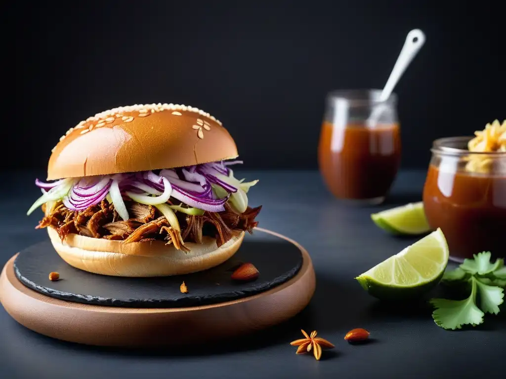 Un suculento sándwich de 'pulled pork' vegano con jackfruit sazonado, coleslaw y salsa BBQ