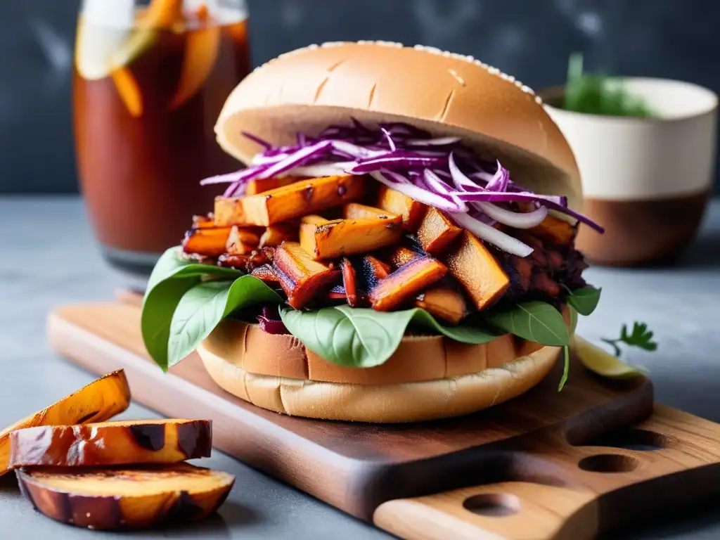 Un suculento sándwich vegano de jackfruit BBQ con batatas fritas, servido en tabla de madera rústica sobre mármol blanco