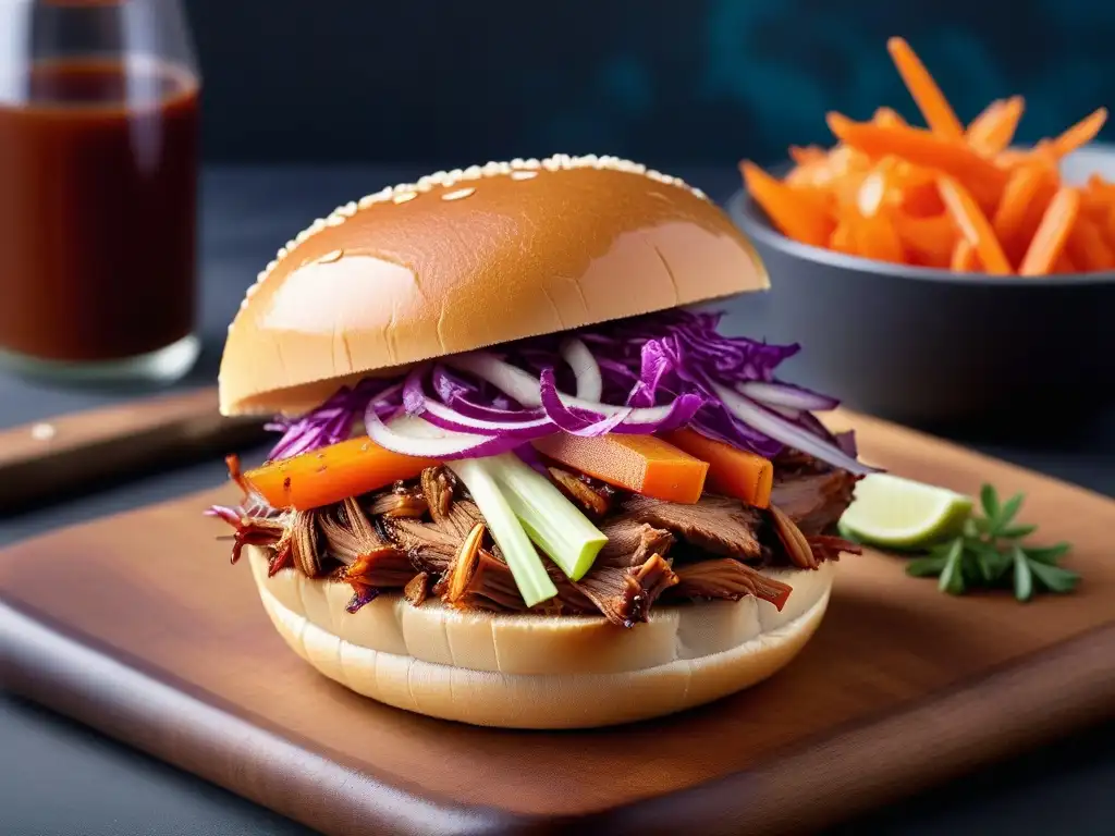 Un suculento sándwich vegano de pulled pork con jackfruit o seitan en salsa BBQ, ensalada de col morada y zanahoria, en pan integral artesanal