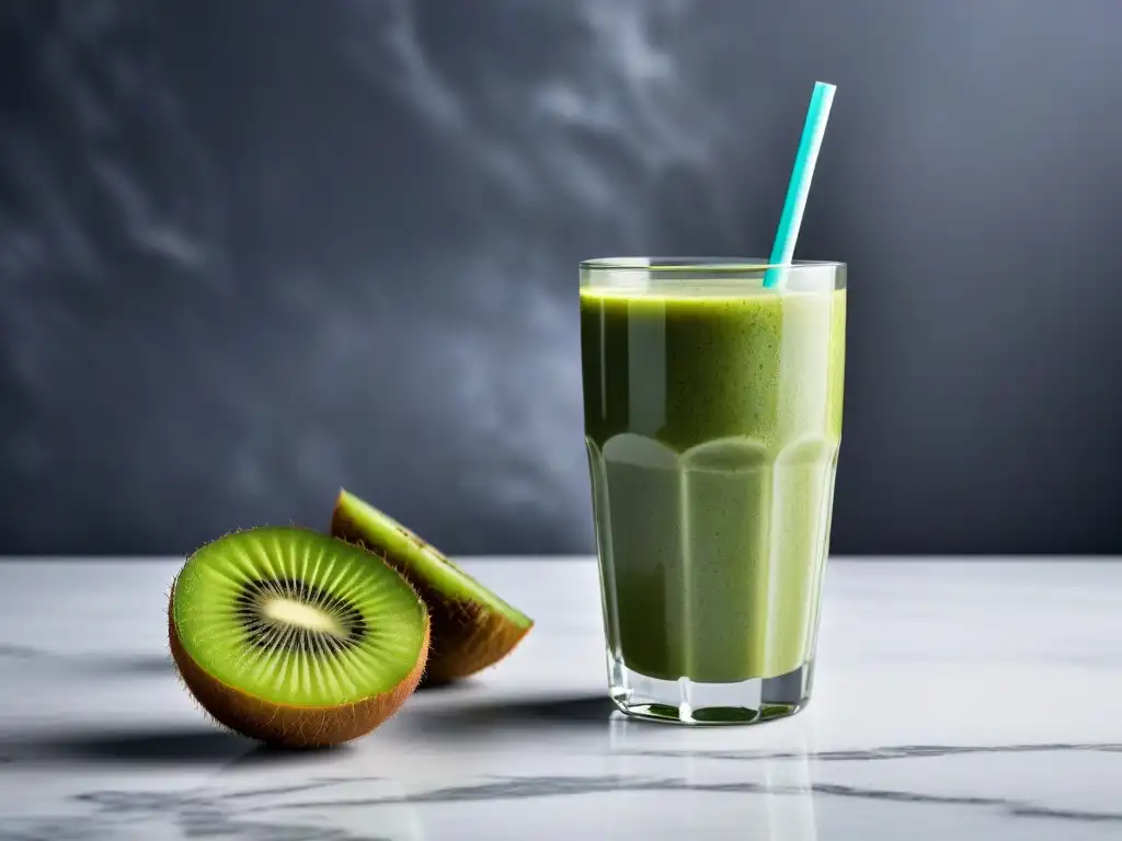 Un suculento smoothie vegano verde con kiwi, chía y miel, sobre mármol