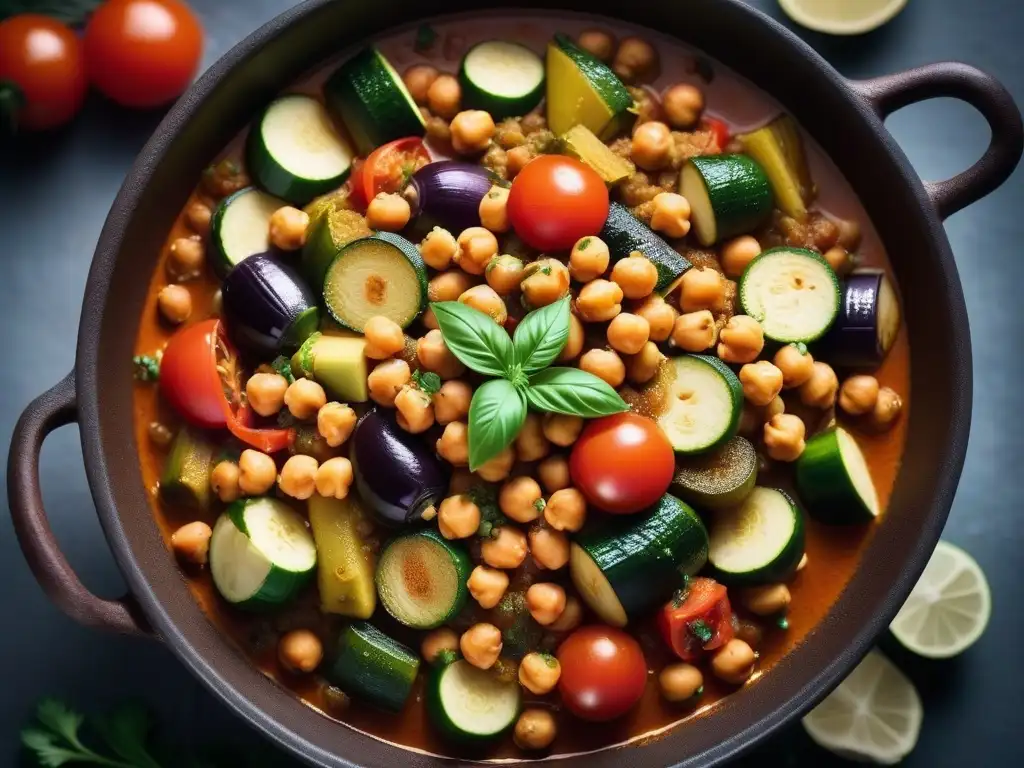 Un suculento Tajín vegano marroquí receta fácil, con ingredientes frescos y coloridos, cocinándose lentamente en una olla tradicional