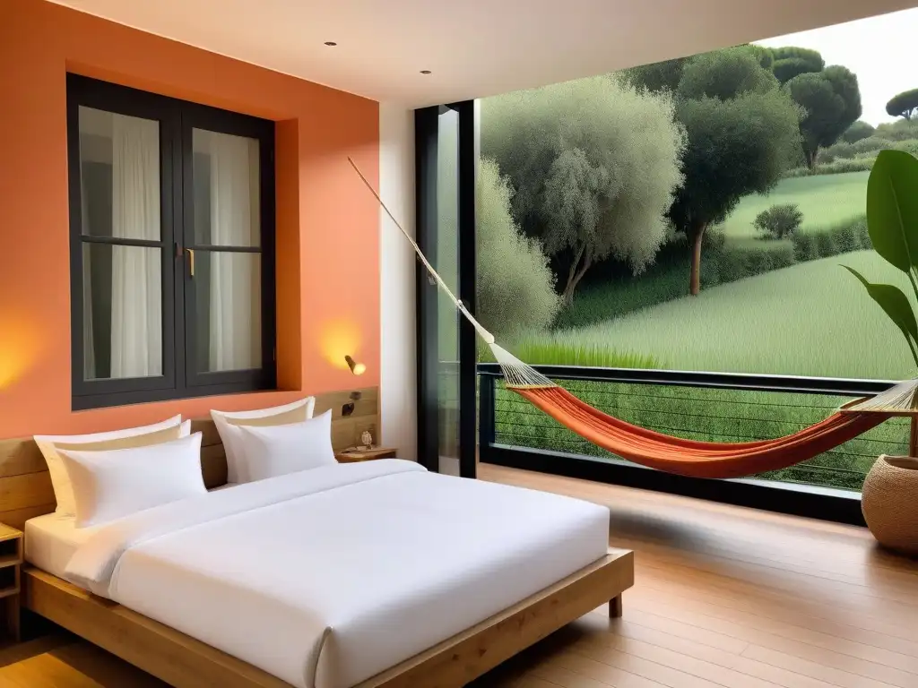 Suite lujosa en hotel vegano en España con cama kingsize, vista a jardín, clase cocina vegana y decoración eco