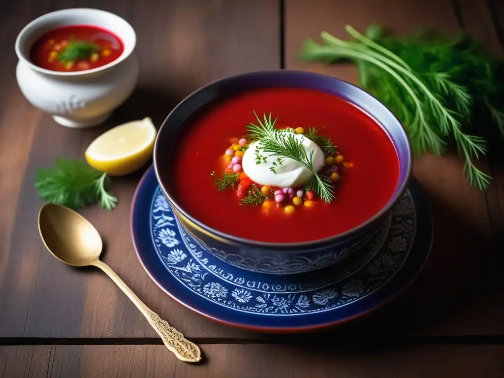 Una suntuosa sopa de borsch vegana en un cuenco de cerámica ucraniana, con crema agria y eneldo fresco