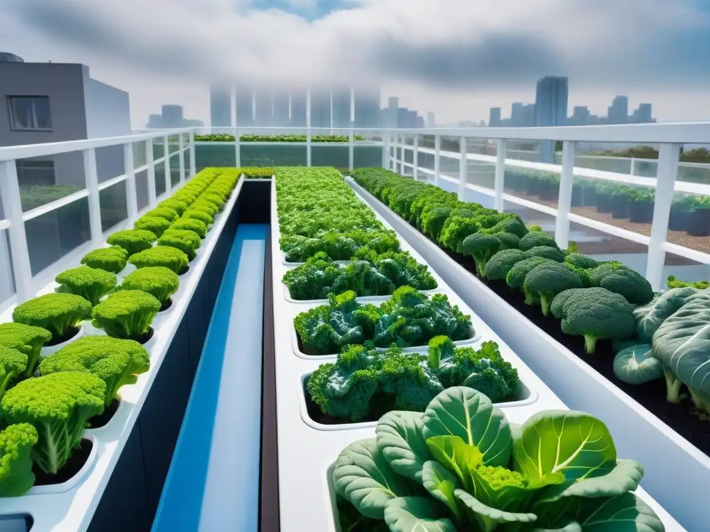 Cultivar superalimentos veganos en casa: Un jardín de balcón moderno lleno de superalimentos verdes y vibrantes en macetas blancas, bajo un cielo azul