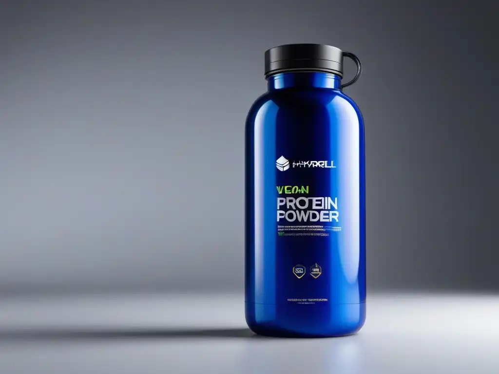 Un suplemento vegano para deportistas: una botella futurista con proteína en polvo colorida en un gimnasio de alta tecnología