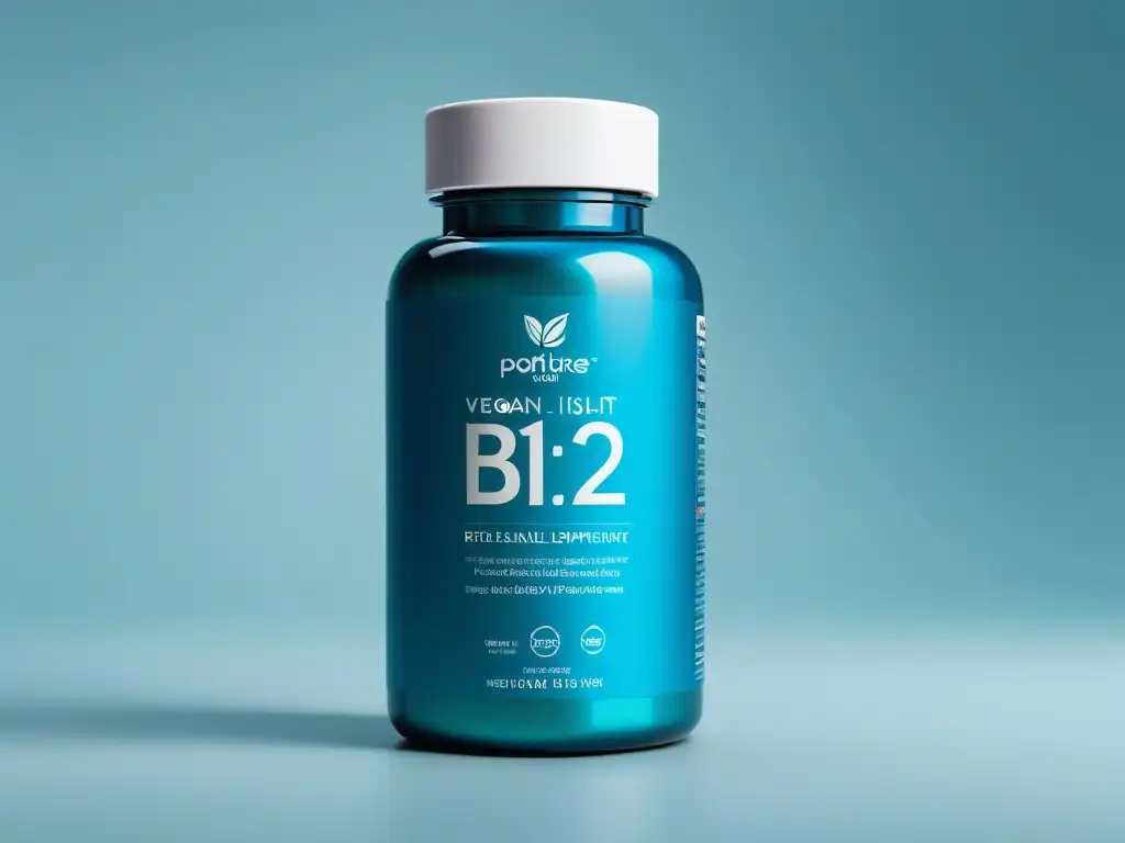 Un suplemento vegano de vitamina B12 en un diseño moderno y vibrante, transmitiendo salud y vitalidad con colores azules y verdes