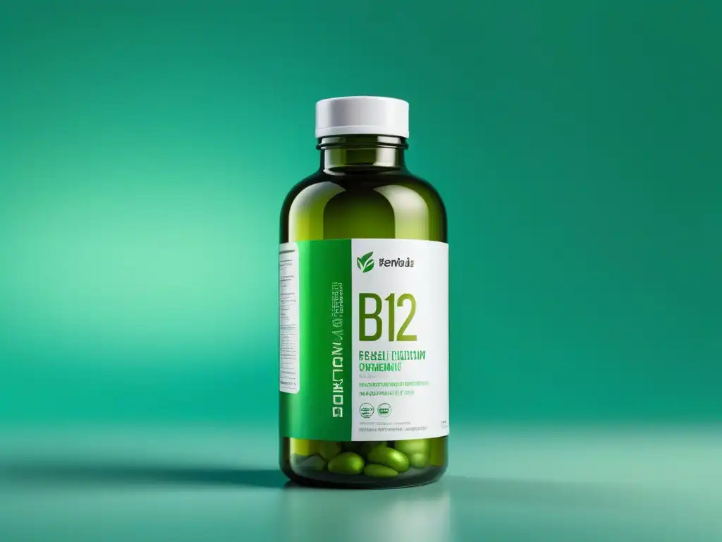 Un suplemento vegano vitamina B12 de diseño moderno y vibrantes colores, reflejando calidad y naturalidad