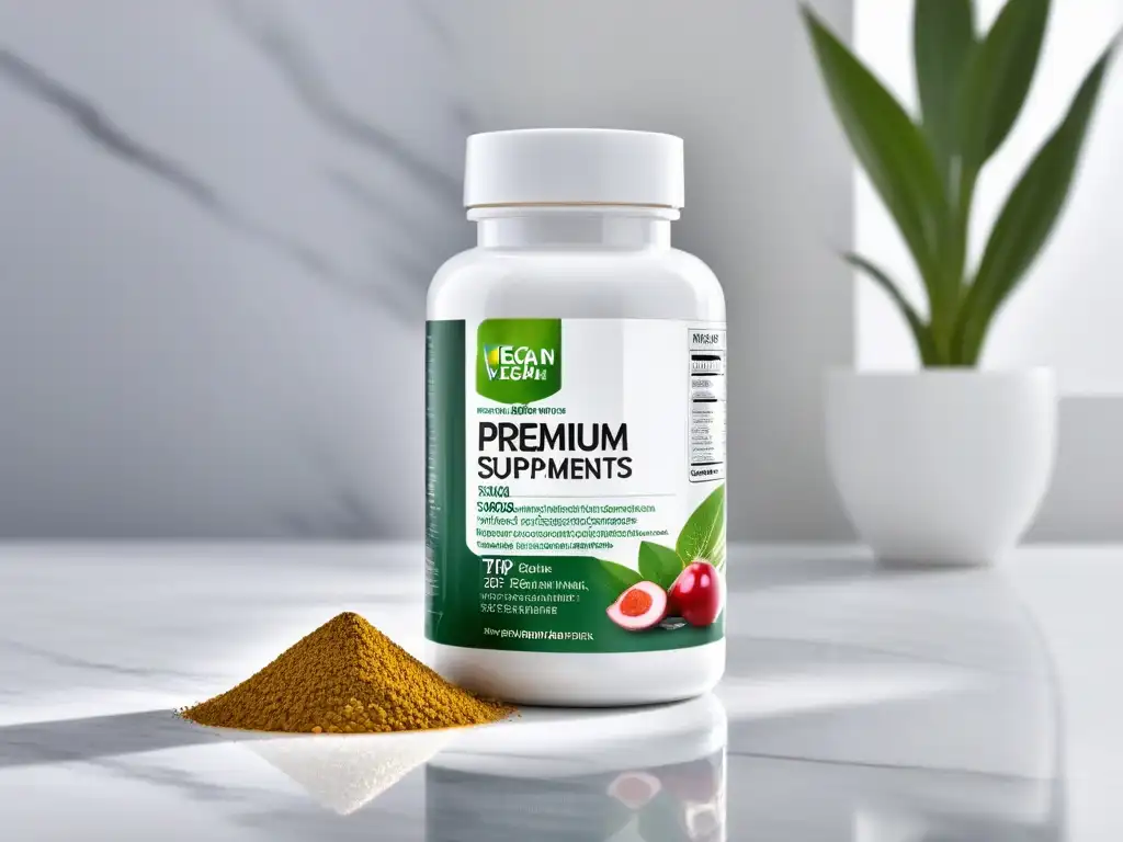 Suplementos veganos para alergias: Botella elegante de suplementos veganos premium en un elegante mostrador de mármol iluminado naturalmente