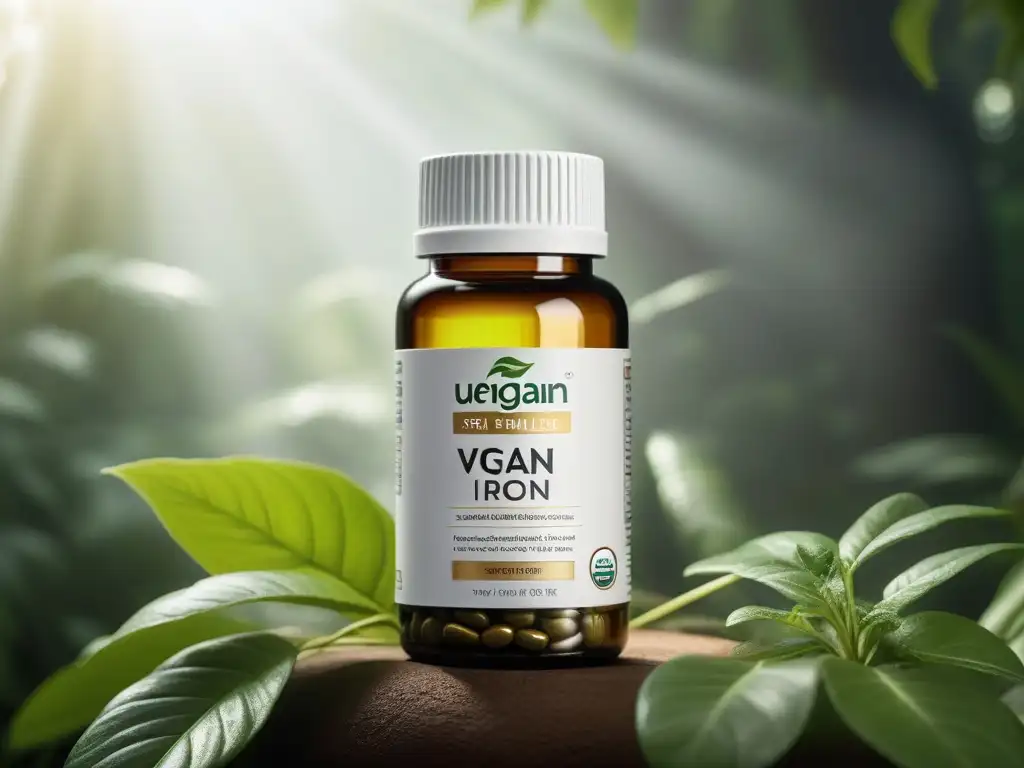 Suplementos veganos de alta gama en botella de vidrio minimalista con fondo de vegetación exuberante y luz natural