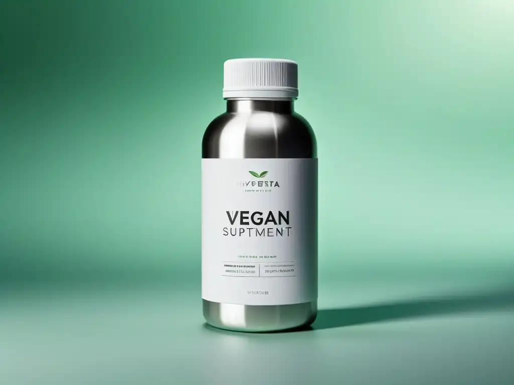 Suplementos veganos de alta gama: Botella elegante en blanco y plateado, con etiqueta minimalista y fondo verde difuminado