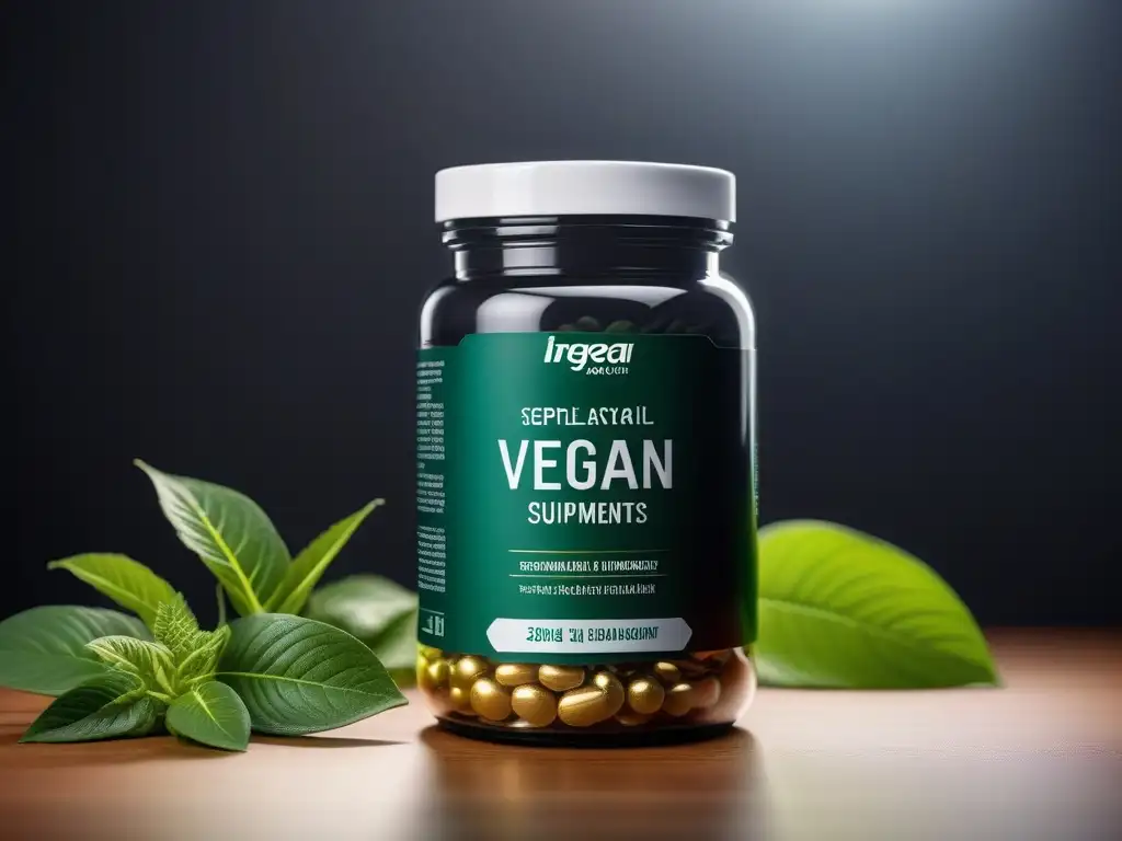 Suplementos veganos de alta gama en un frasco elegante, rodeado de vegetación exuberante y luz suave, transmitiendo exclusividad y calidad