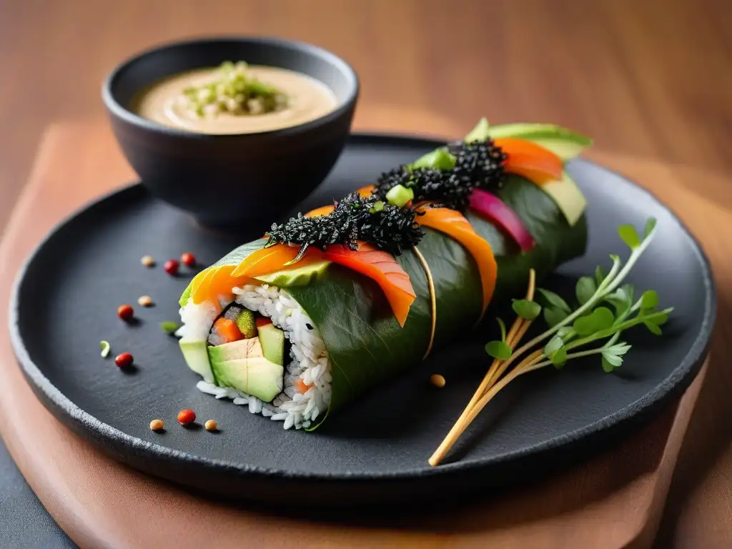 Un sushi burrito vegano vibrante con ingredientes frescos y coloridos, fusiones culturales deliciosas