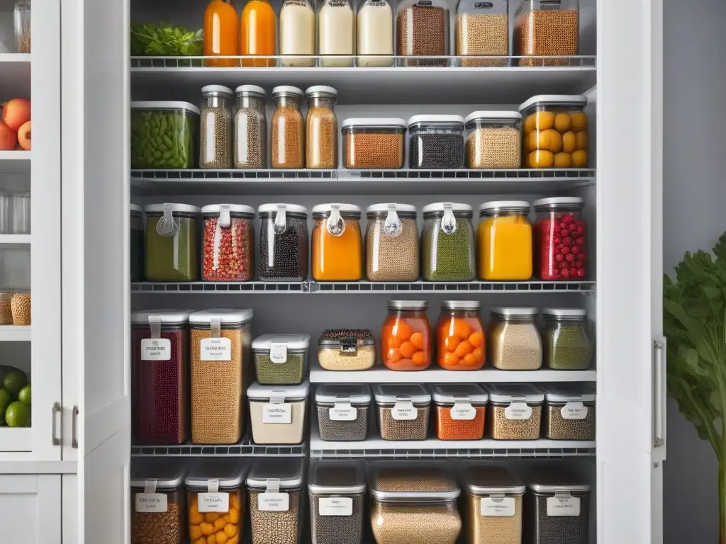 Pantry vegano y sostenible: coloridas opciones para una dieta saludable Sustitutos veganos en despensa: despensa moderna y colorida con opciones veganas y frescas ordenadas en envases transparentes
