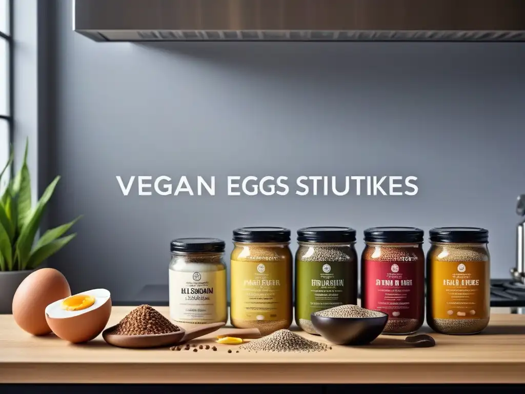 Sustitutos veganos de huevos en una composición vibrante de ingredientes para hornear, en una encimera moderna iluminada naturalmente