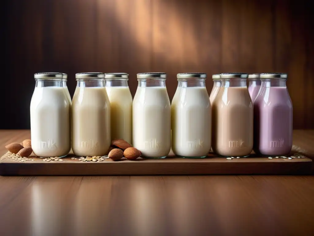 Sustitutos veganos de leche en elegantes botellas de vidrio, resaltando colores y texturas naturales en una composición fresca y moderna