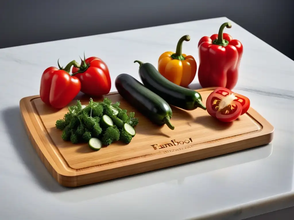 Una tabla de cortar de bambú sostenible con diseño moderno, junto a vegetales frescos