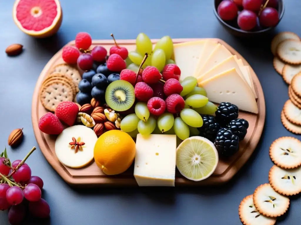 Una tabla de embutidos vegana con queso Tilsit, frutas frescas y frutos secos