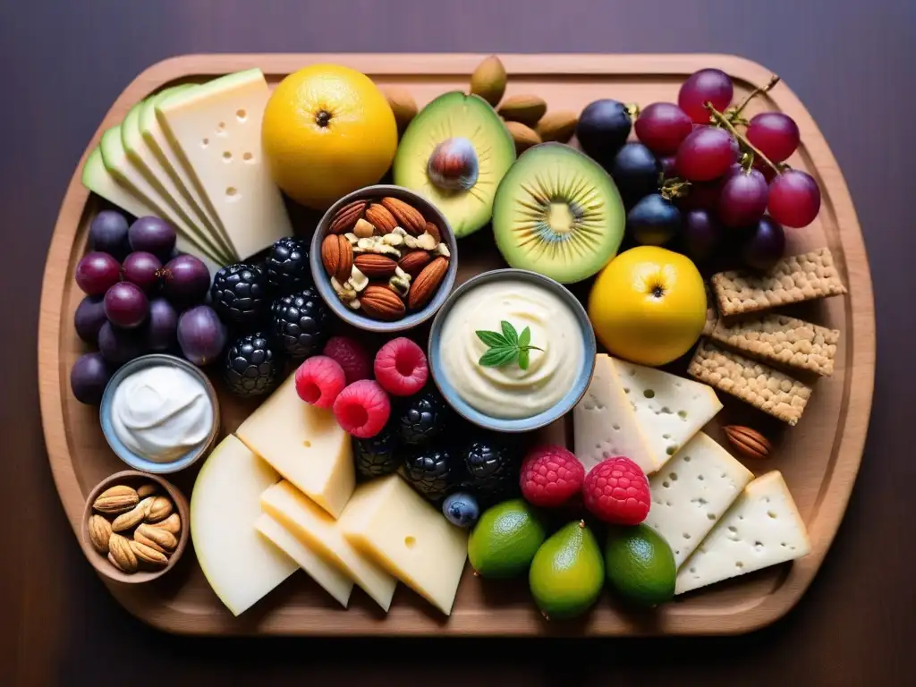 Una tabla de embutidos veganos colorida y artística con quesos, frutas, nueces y crackers