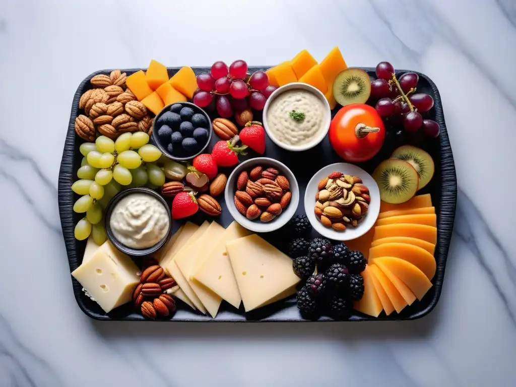 Una tabla de embutidos veganos coloridos y variados en un elegante plato de mármol