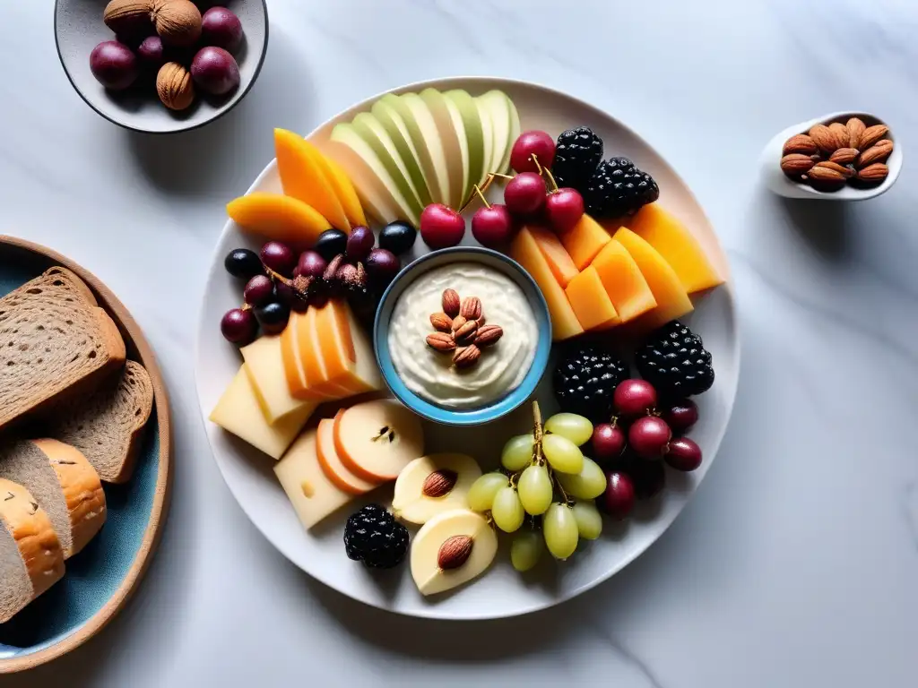 Una tabla de embutidos veganos vibrante, con frutas coloridas, nueces, quesos vegetales y panes artesanales, en una elegante bandeja de mármol