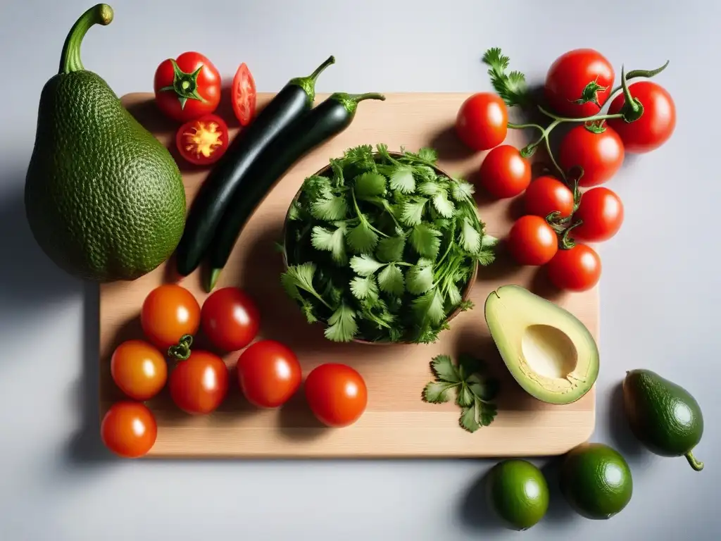 Tabla de cortar con ingredientes coloridos para cocina vegana latina con cilantro