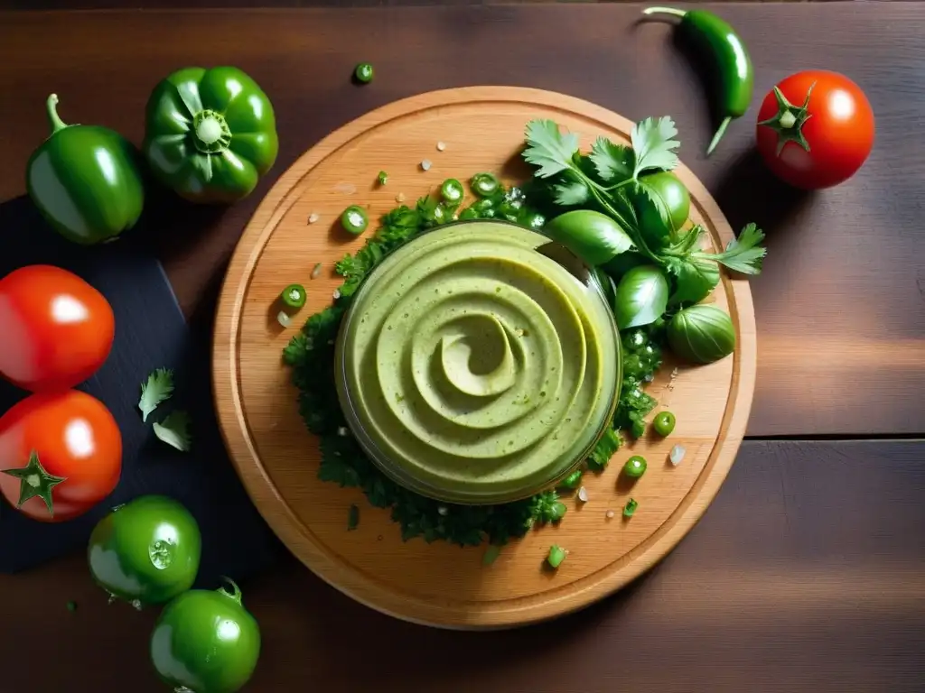 Una tabla de cortar de madera con ingredientes frescos y orgánicos para preparar salsa verde vegana