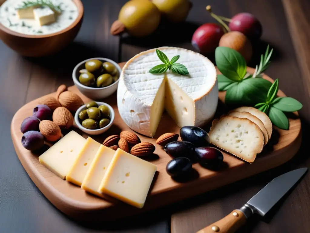 Tabla de quesos veganos fermentados sin lácteos: camembert de anacardos, feta de almendra y gouda de coco, con hierbas frescas y frutos secos