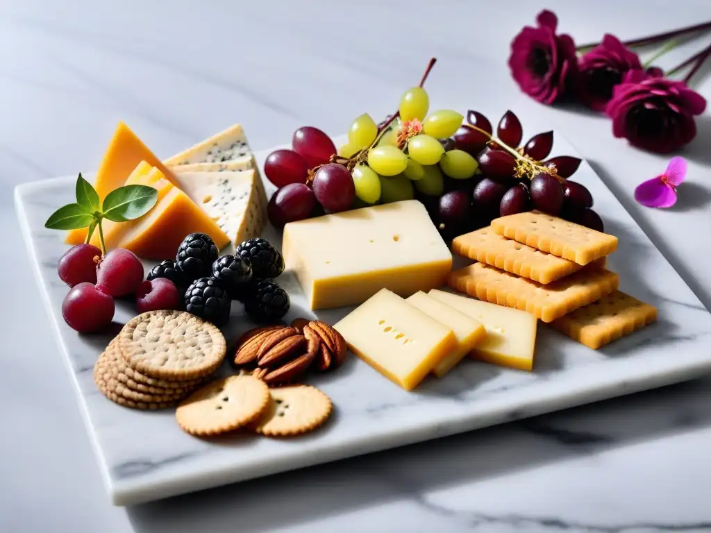 Una tabla vegana colorida y moderna con queso, frutas y nueces, perfecta para fiestas