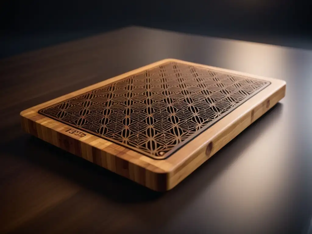 Una tabla de cortar vegana moderna de bambú sostenible con patrones geométricos, elegante y pulida, resaltando su artesanía y materiales ecofriendly