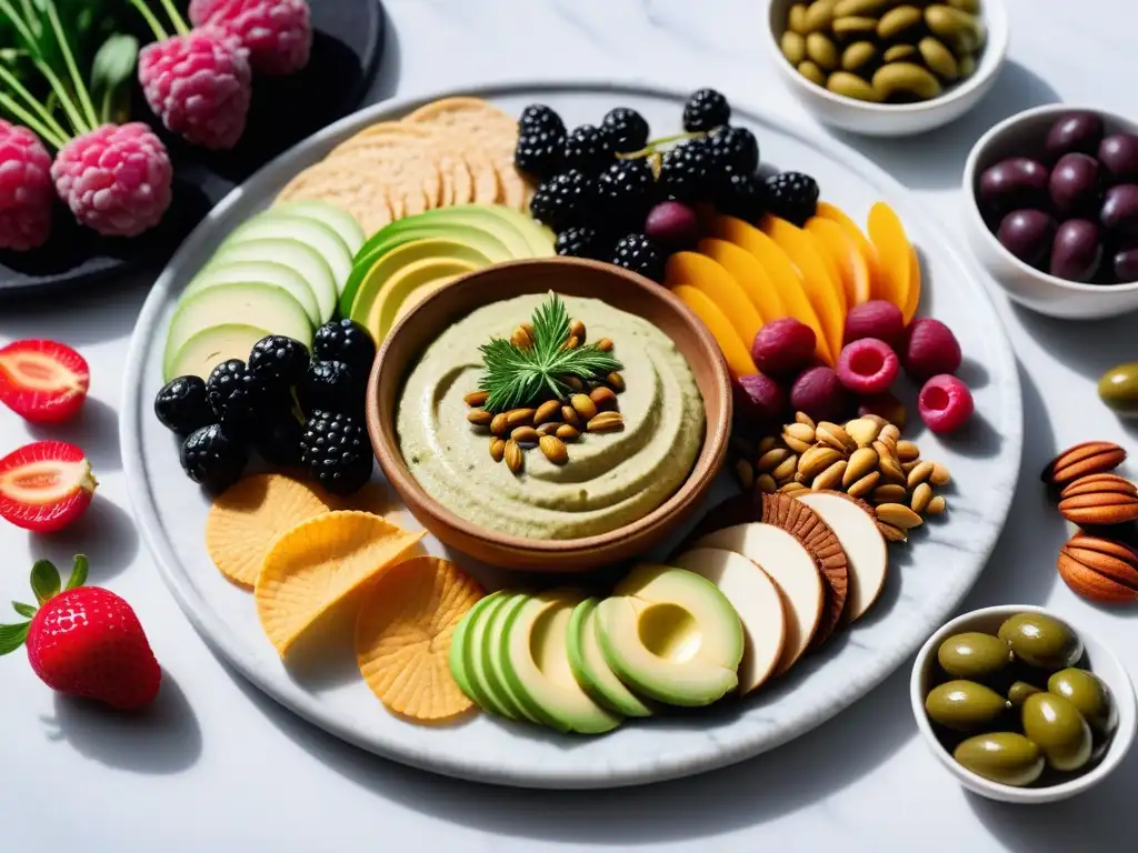 Una tabla vibrante de snacks veganos rodeada de hierbas frescas y flores comestibles