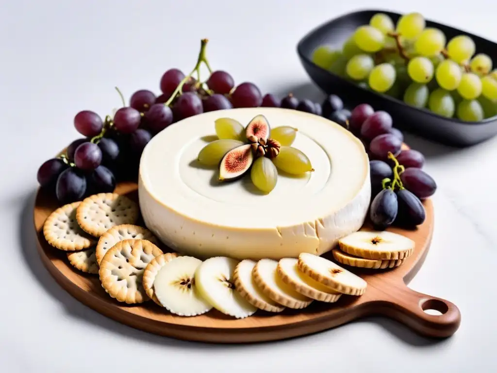 Tablas de quesos veganos gourmet: Exquisita presentación de Brie vegano con uvas, higos, nueces y galletas artesanales